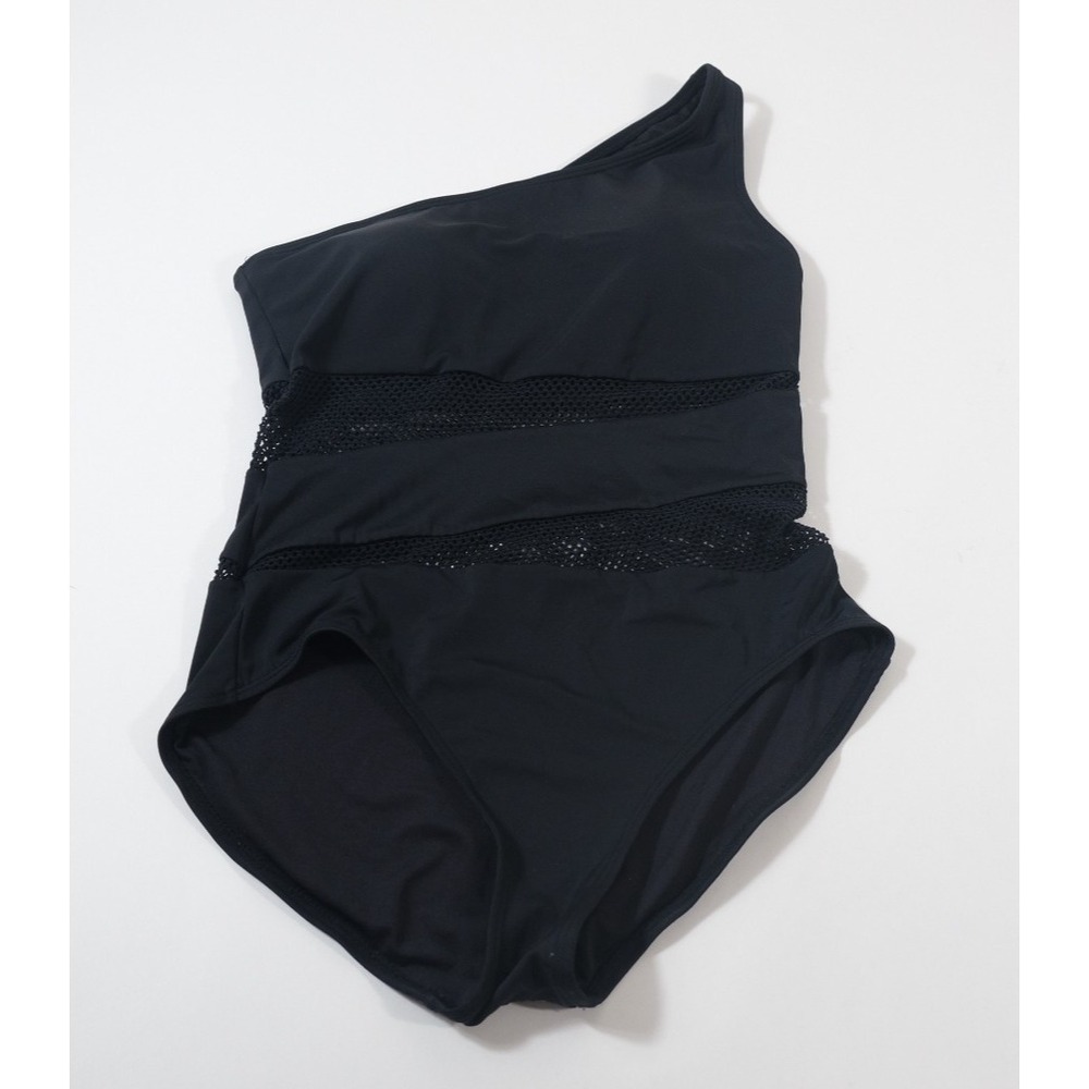 Carmen Marc Valvo Swimsuit Womens 12 Black One Shoulder Mesh Inset One Piece